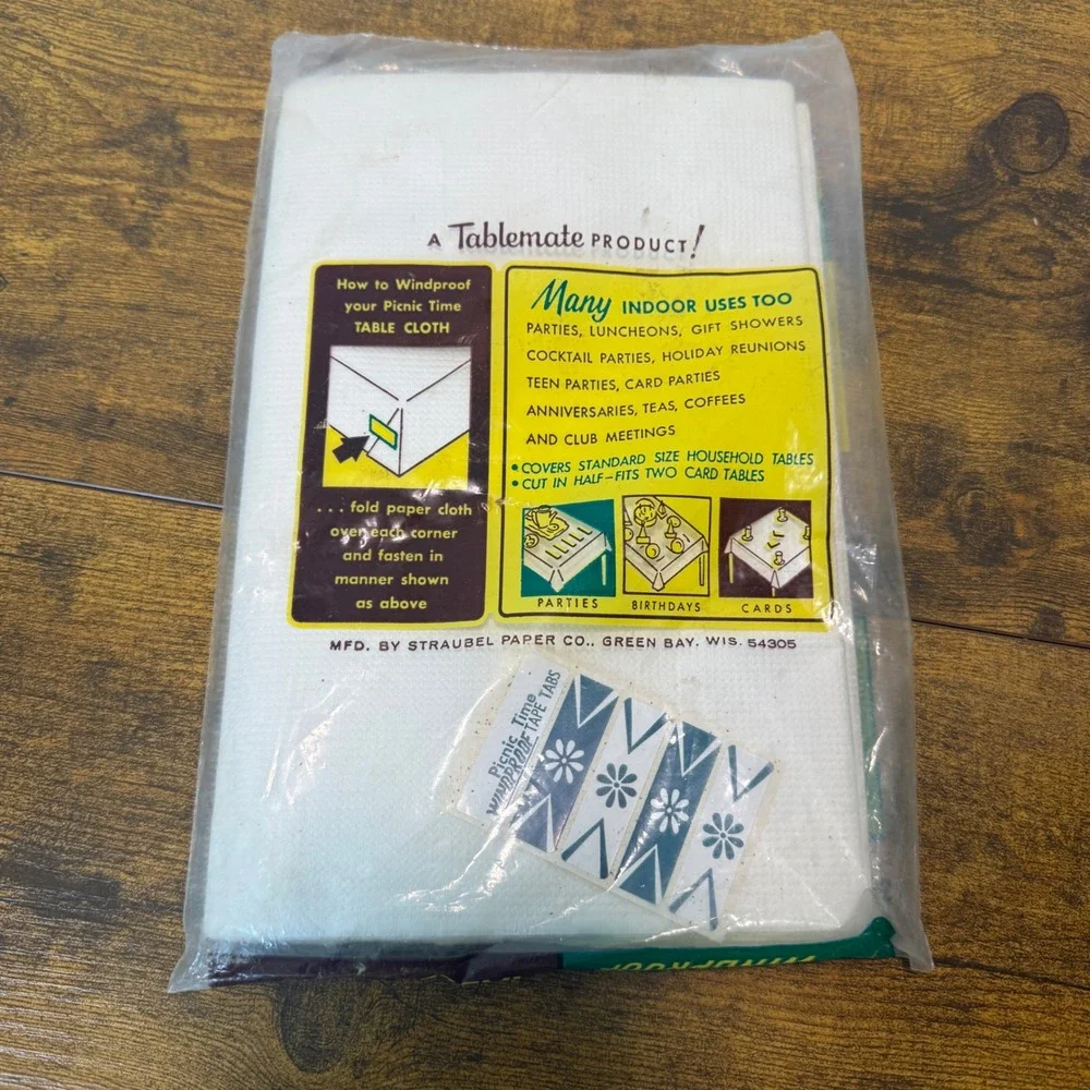 Vtg Picnic Time Windproof‎ Tablecloth 60s Straubel Paper Co White NEW Retro Prop